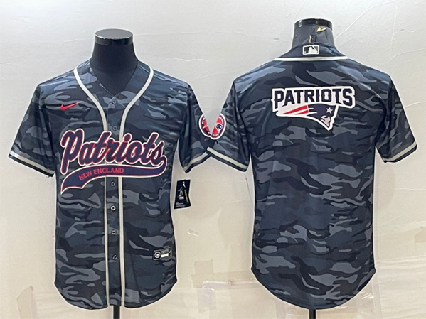 Men's New England Patriots Gray Camo Team Big Logo With Patch Cool Base Stitched Baseball Jersey